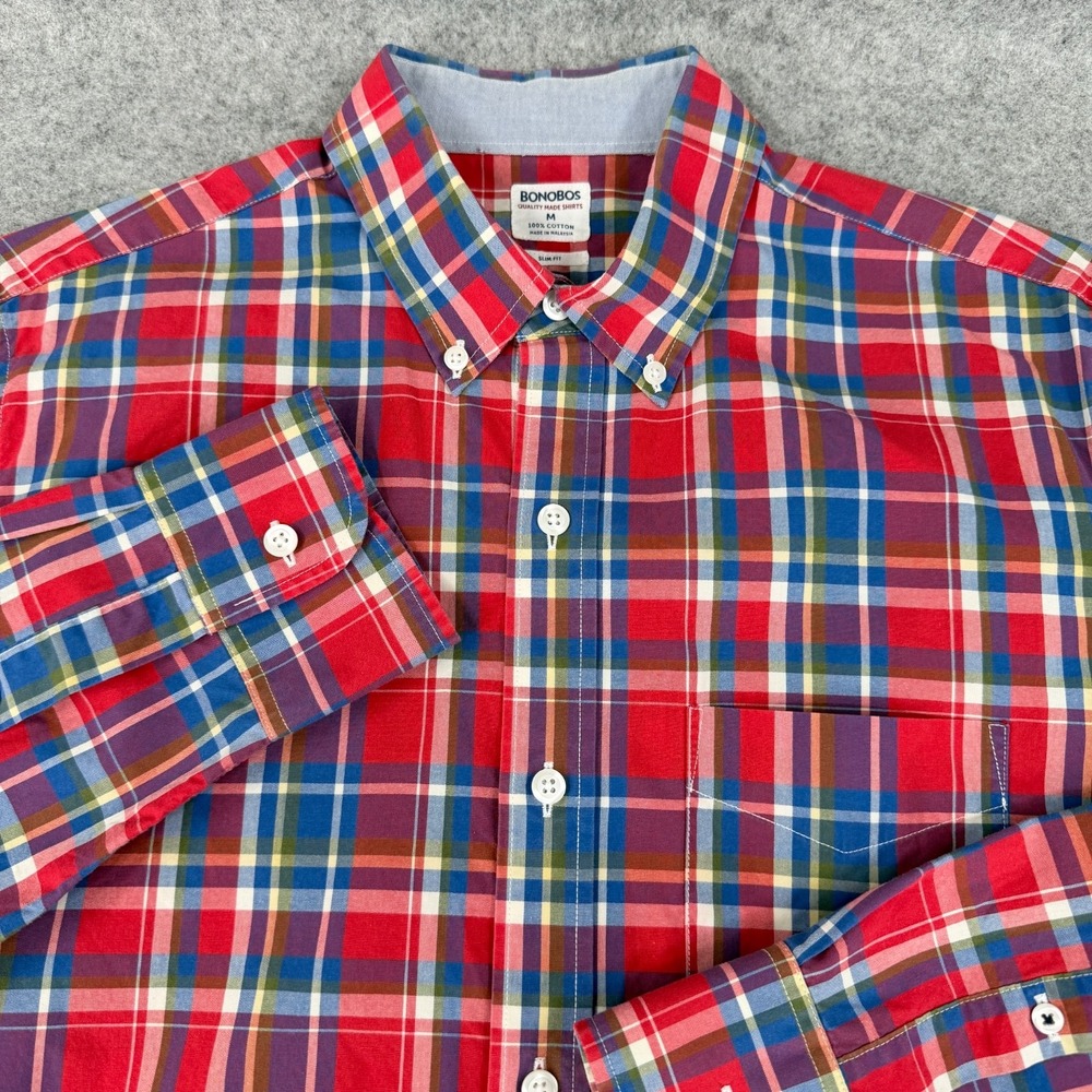 Bonobos Men's Button Down Slim Fit Shirt Medium Red Blue‎ Madras Preppy
